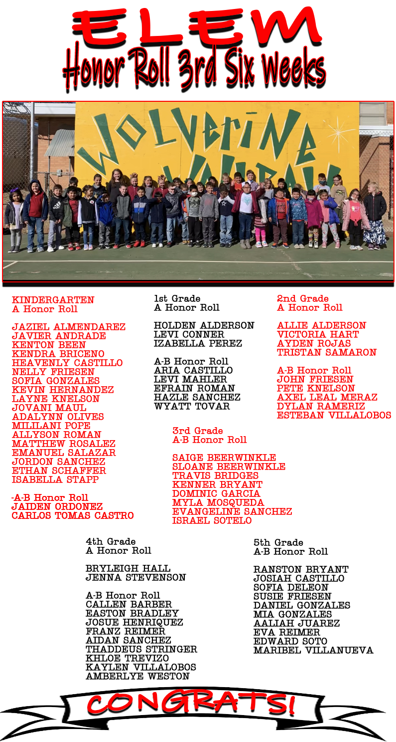 SpringlakeEarth Elementary School AB Honor Roll 3rd 6 Weeks